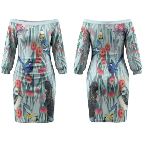 National Bird Week - Aussie Birds on Eucalyptus Family Matching Off The Shoulder Long Sleeve Dress and Hawaiian Shirt Sky Blue
