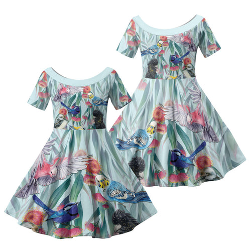 National Bird Week - Aussie Birds on Eucalyptus Family Matching Off The Shoulder Long Sleeve Dress and Hawaiian Shirt Sky Blue