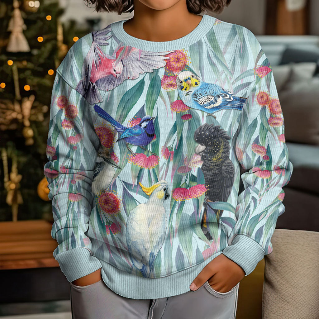 National Bird Week - Aussie Birds on Eucalyptus Kid Ugly Christmas Sweater Sky Blue