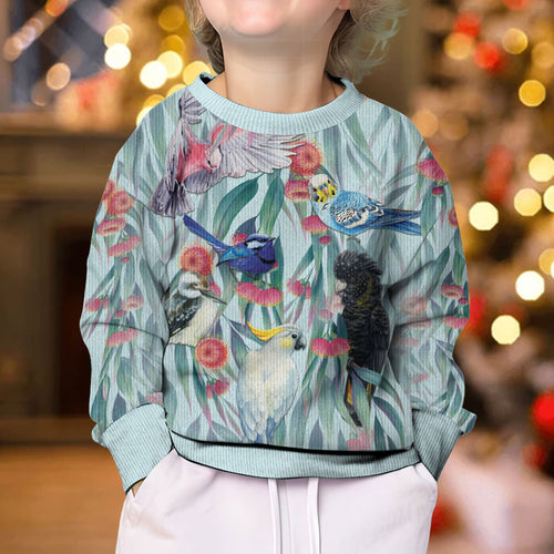 National Bird Week - Aussie Birds on Eucalyptus Kid Ugly Christmas Sweater Sky Blue