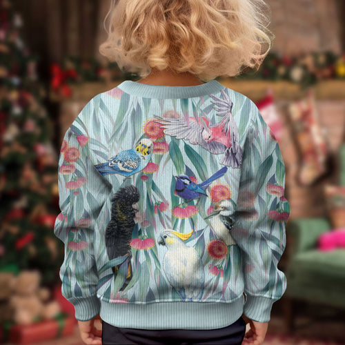 National Bird Week - Aussie Birds on Eucalyptus Kid Ugly Christmas Sweater Sky Blue