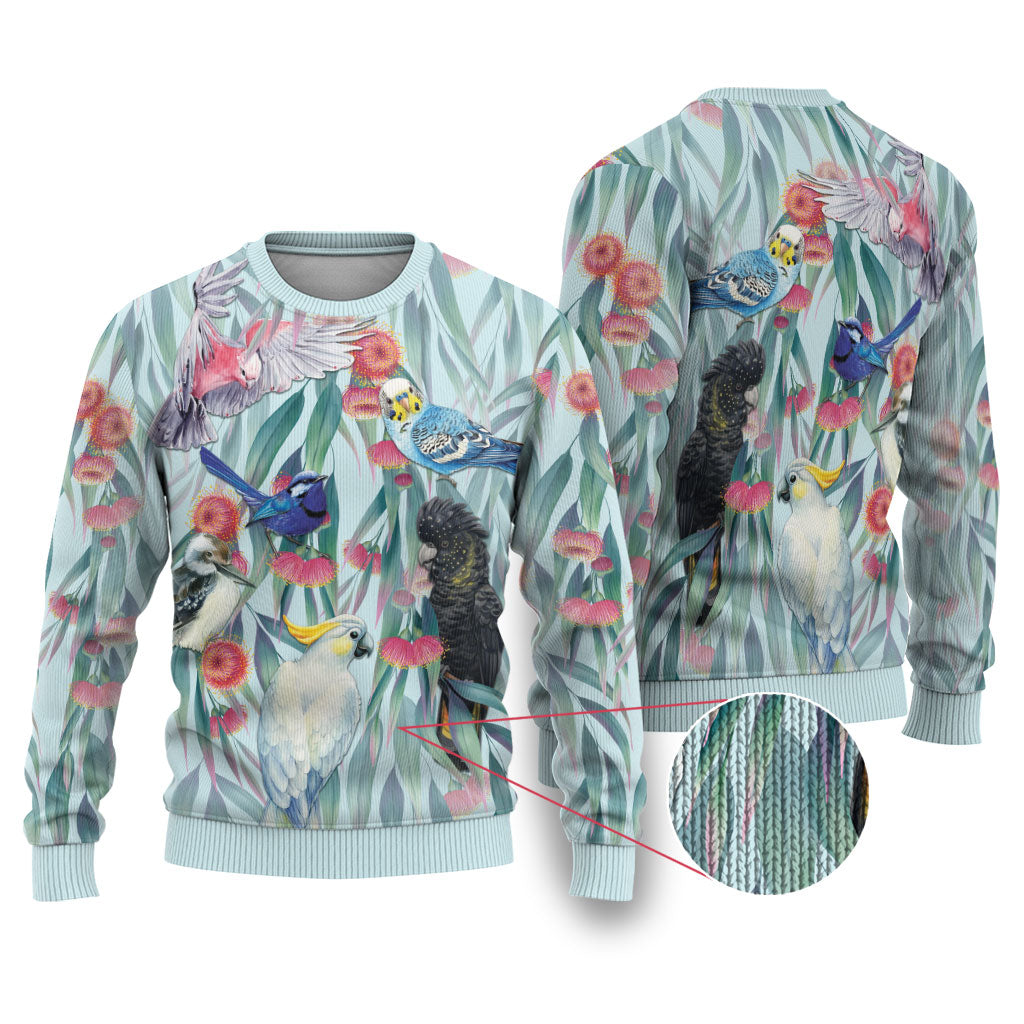 National Bird Week - Aussie Birds on Eucalyptus Ugly Christmas Sweater Sky Blue