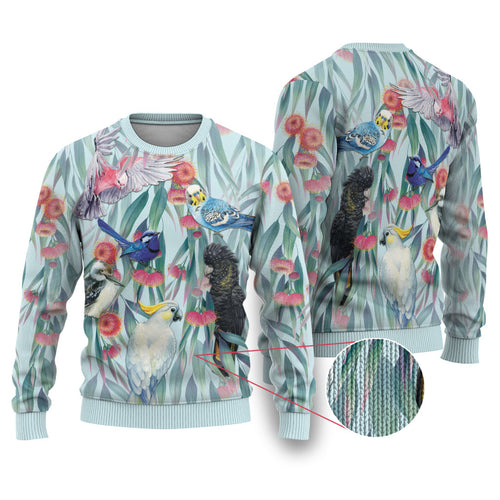 National Bird Week - Aussie Birds on Eucalyptus Ugly Christmas Sweater Sky Blue