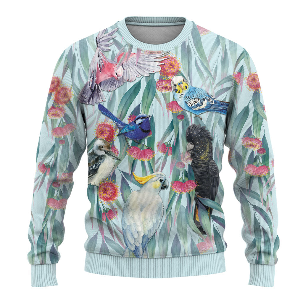 National Bird Week - Aussie Birds on Eucalyptus Ugly Christmas Sweater Sky Blue
