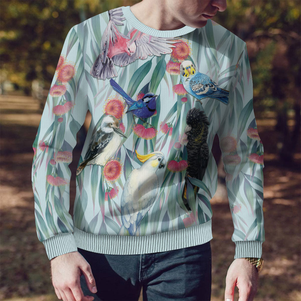 National Bird Week - Aussie Birds on Eucalyptus Ugly Christmas Sweater Sky Blue