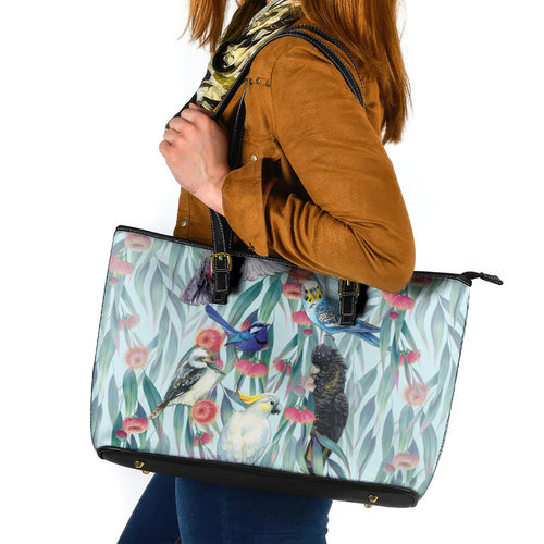National Bird Week - Aussie Birds on Eucalyptus Leather Tote Bag Sky Blue
