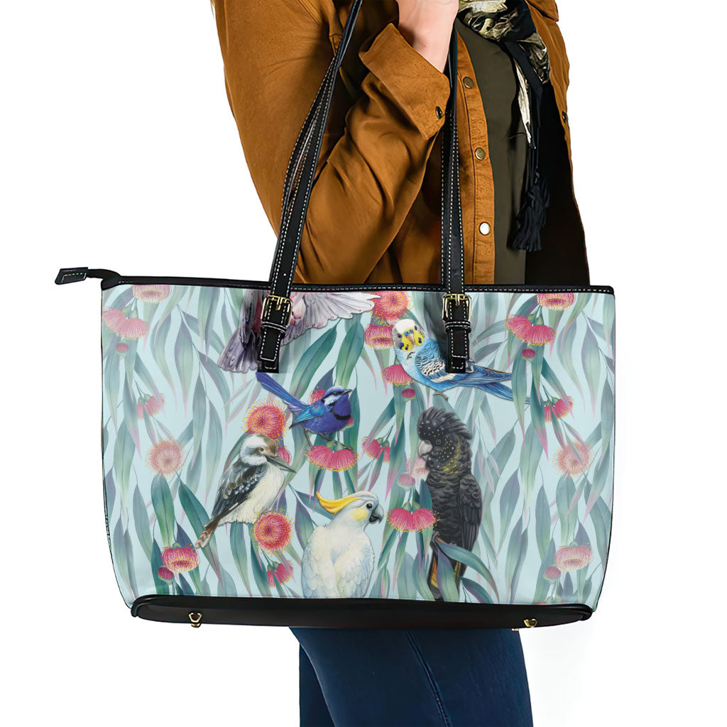 National Bird Week - Aussie Birds on Eucalyptus Leather Tote Bag Sky Blue
