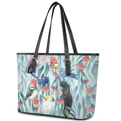 National Bird Week - Aussie Birds on Eucalyptus Leather Tote Bag Sky Blue