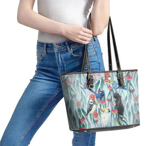 National Bird Week - Aussie Birds on Eucalyptus Leather Tote Bag Sky Blue