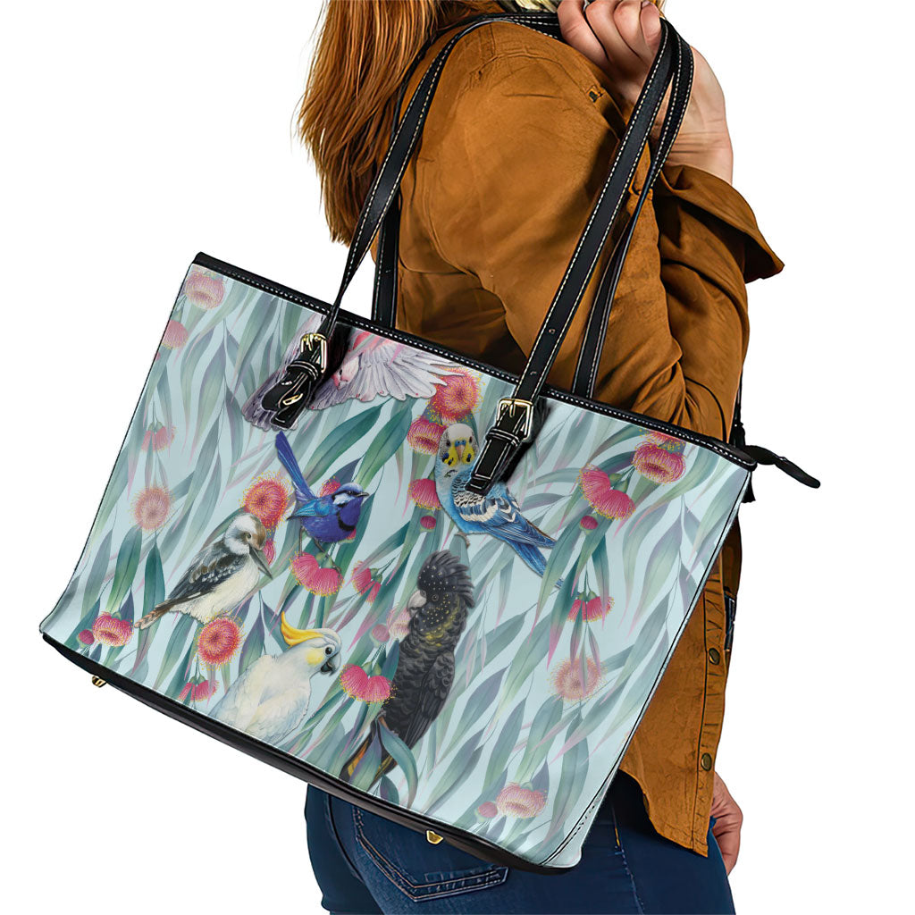 National Bird Week - Aussie Birds on Eucalyptus Leather Tote Bag Sky Blue