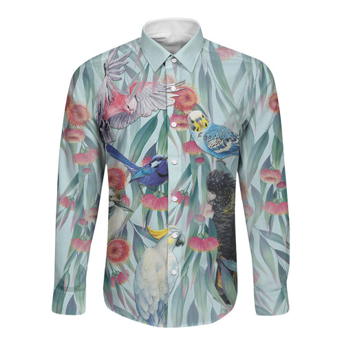 National Bird Week - Aussie Birds on Eucalyptus Long Sleeve Button Shirt Sky Blue
