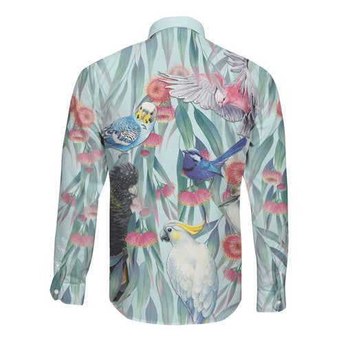 National Bird Week - Aussie Birds on Eucalyptus Long Sleeve Button Shirt Sky Blue