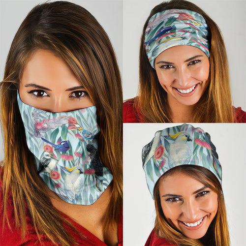 National Bird Week - Aussie Birds on Eucalyptus Neck Gaiter Sky Blue