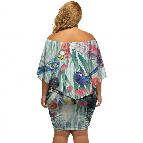 National Bird Week - Aussie Birds on Eucalyptus Off Shoulder Short Dress Sky Blue