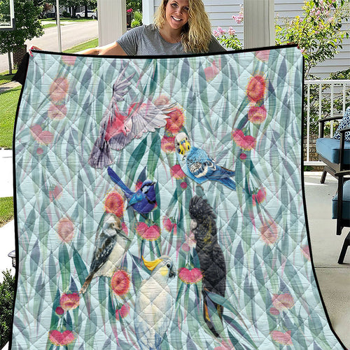 National Bird Week - Aussie Birds on Eucalyptus Quilt Sky Blue
