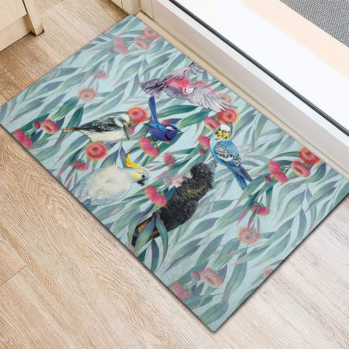 National Bird Week - Aussie Birds on Eucalyptus Rubber Doormat Sky Blue