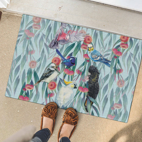 National Bird Week - Aussie Birds on Eucalyptus Rubber Doormat Sky Blue