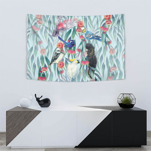 National Bird Week - Aussie Birds on Eucalyptus Tapestry Sky Blue