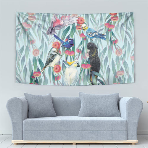 National Bird Week - Aussie Birds on Eucalyptus Tapestry Sky Blue