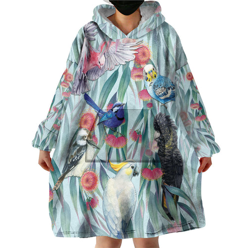 National Bird Week - Aussie Birds on Eucalyptus Wearable Blanket Hoodie Sky Blue