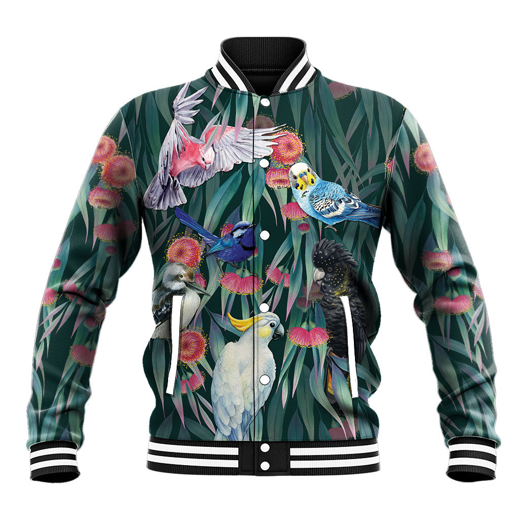 Australia Native Birds on Eucalyptus Baseball Jacket Dark Teal