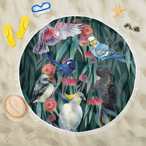 Australia Native Birds on Eucalyptus Beach Blanket Dark Teal
