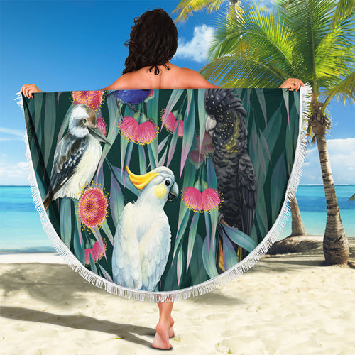 Australia Native Birds on Eucalyptus Beach Blanket Dark Teal