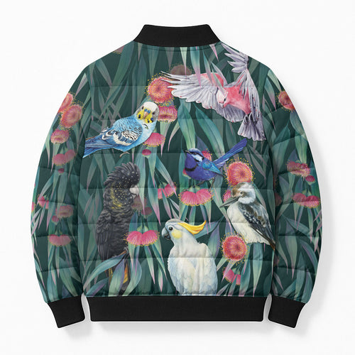 Australia Native Birds on Eucalyptus Bomber Puffer Jacket Dark Teal