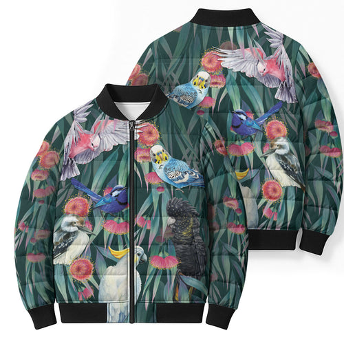 Australia Native Birds on Eucalyptus Bomber Puffer Jacket Dark Teal