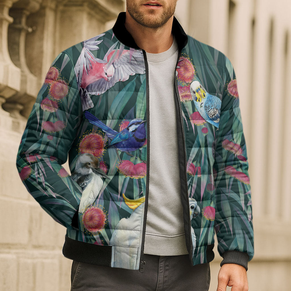 Australia Native Birds on Eucalyptus Bomber Puffer Jacket Dark Teal