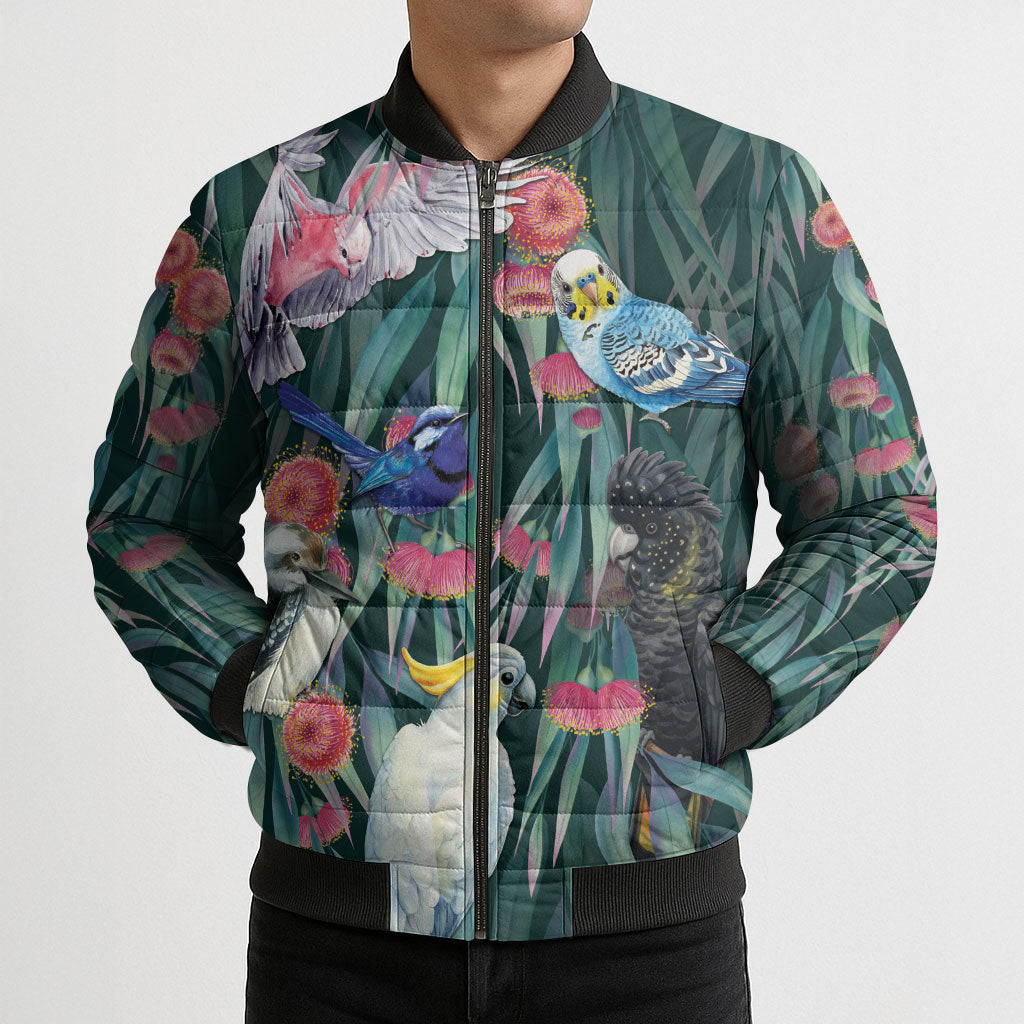 Australia Native Birds on Eucalyptus Bomber Puffer Jacket Dark Teal