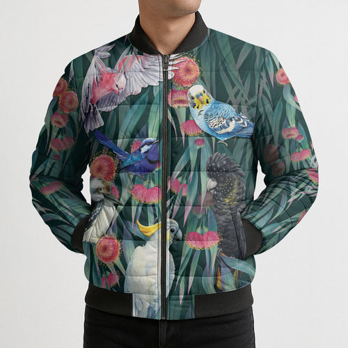 Australia Native Birds on Eucalyptus Bomber Puffer Jacket Dark Teal