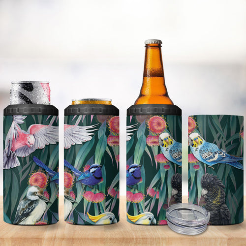 Australia Native Birds on Eucalyptus 4 in 1 Can Cooler Tumbler Dark Teal