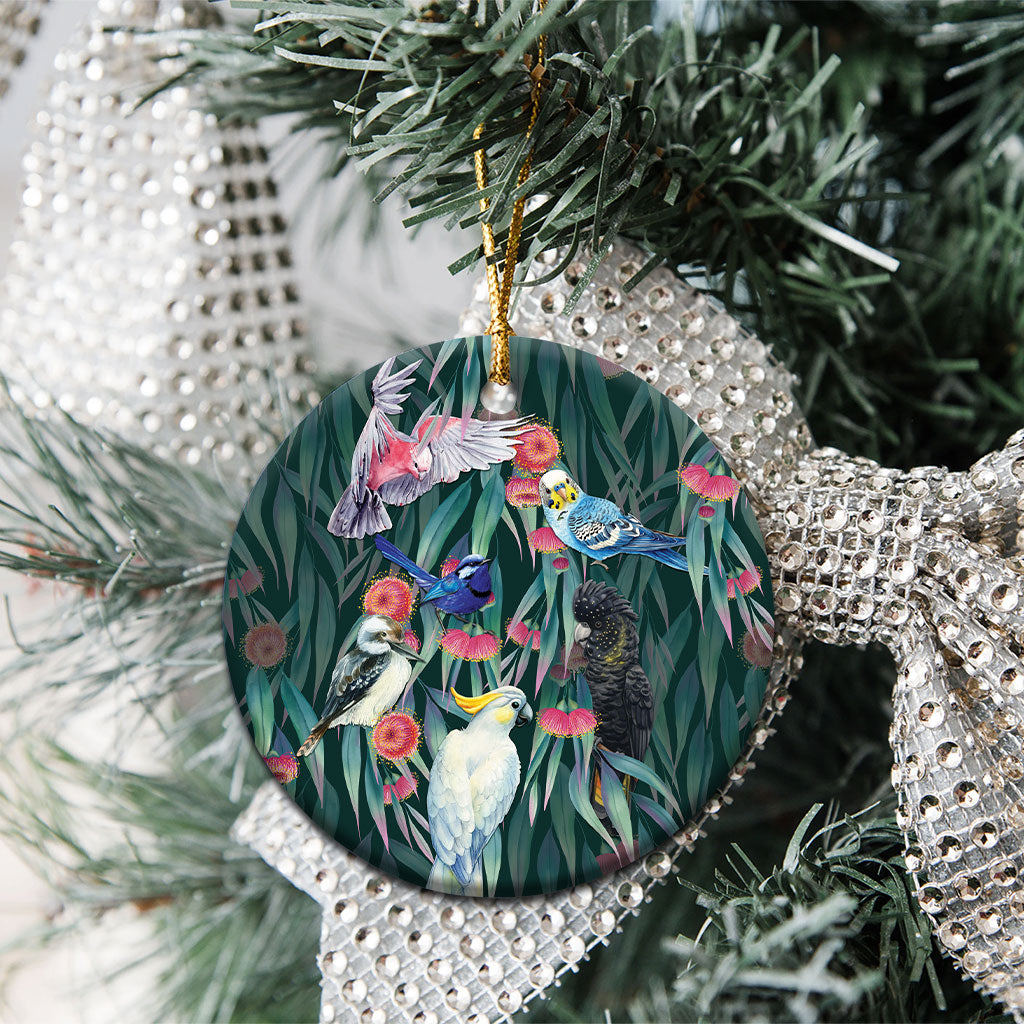 Australia Native Birds on Eucalyptus Ceramic Ornament Dark Teal