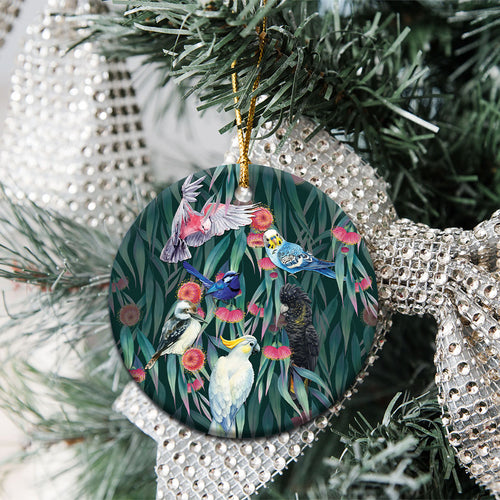 Australia Native Birds on Eucalyptus Ceramic Ornament Dark Teal