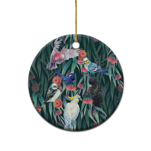 Australia Native Birds on Eucalyptus Ceramic Ornament Dark Teal