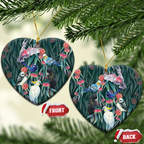 Australia Native Birds on Eucalyptus Ceramic Ornament Dark Teal
