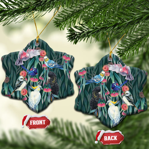 Australia Native Birds on Eucalyptus Ceramic Ornament Dark Teal
