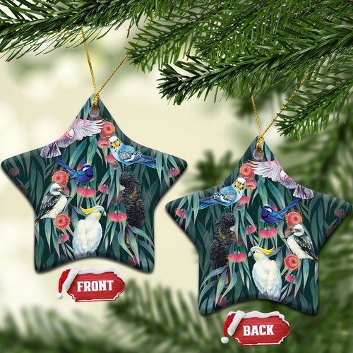 Australia Native Birds on Eucalyptus Ceramic Ornament Dark Teal