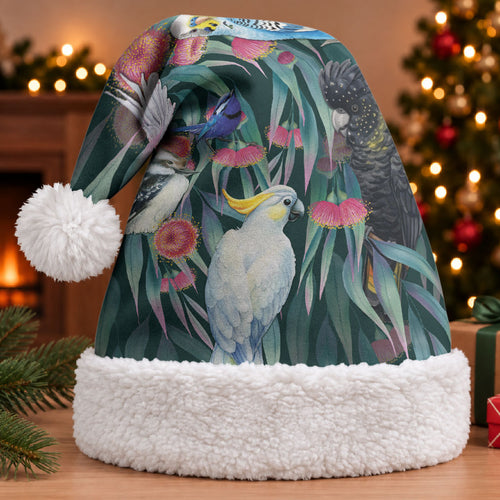 Australia Native Birds on Eucalyptus Christmas Santa Hat Dark Teal