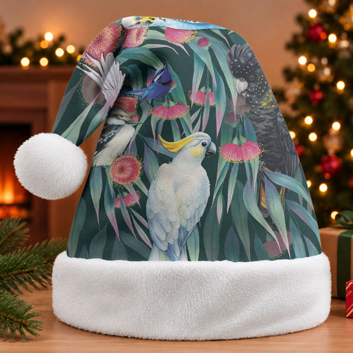 Australia Native Birds on Eucalyptus Christmas Santa Hat Dark Teal