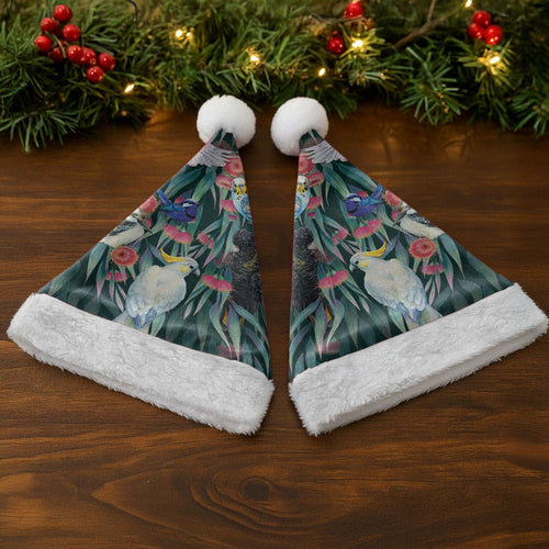 Australia Native Birds on Eucalyptus Christmas Santa Hat Dark Teal