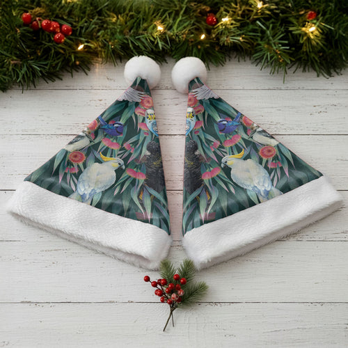 Australia Native Birds on Eucalyptus Christmas Santa Hat Dark Teal