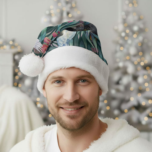 Australia Native Birds on Eucalyptus Christmas Santa Hat Dark Teal