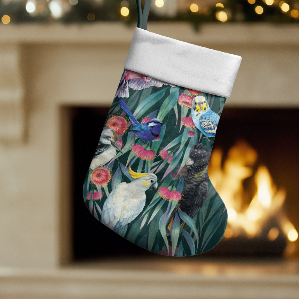 Australia Native Birds on Eucalyptus Christmas Stocking Dark Teal