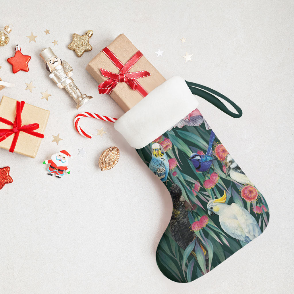 Australia Native Birds on Eucalyptus Christmas Stocking Dark Teal