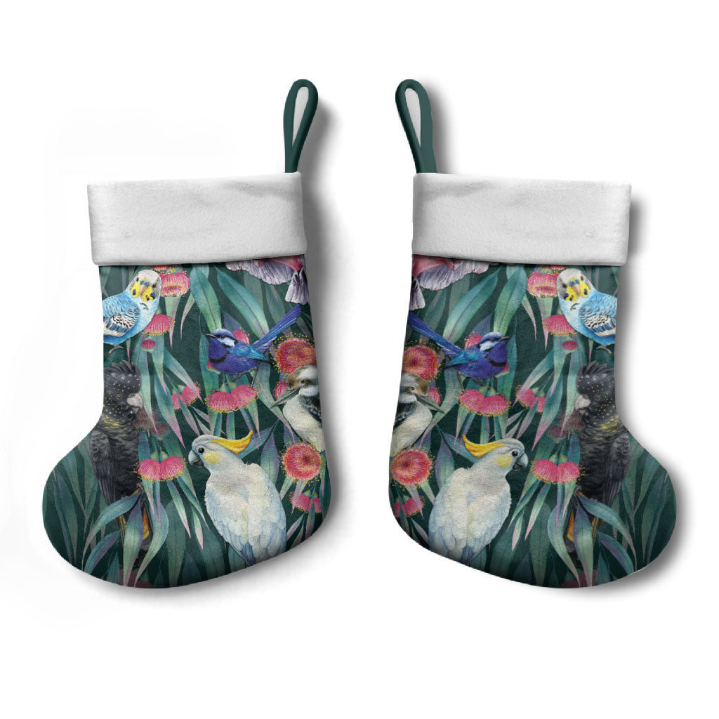 Australia Native Birds on Eucalyptus Christmas Stocking Dark Teal