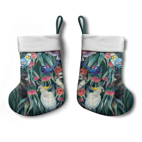 Australia Native Birds on Eucalyptus Christmas Stocking Dark Teal