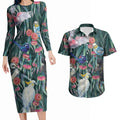 Australia Native Birds on Eucalyptus Couples Matching Long Sleeve Bodycon Dress and Hawaiian Shirt Dark Teal