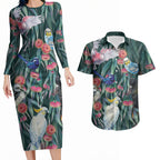 Australia Native Birds on Eucalyptus Couples Matching Long Sleeve Bodycon Dress and Hawaiian Shirt Dark Teal